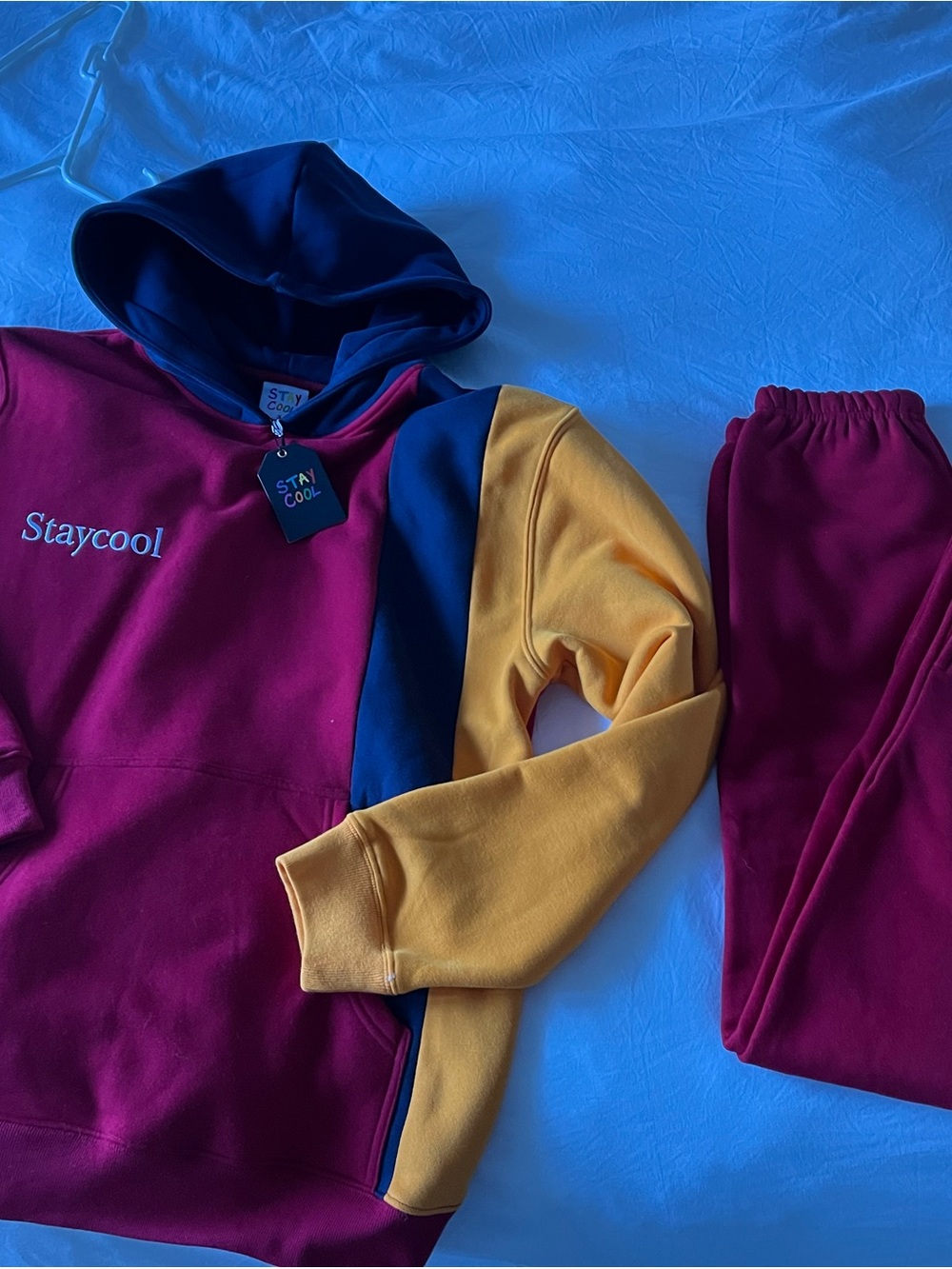 Staycool Colorblock Hoodie & Jogger Set - Burgundy, Mustard, Navy